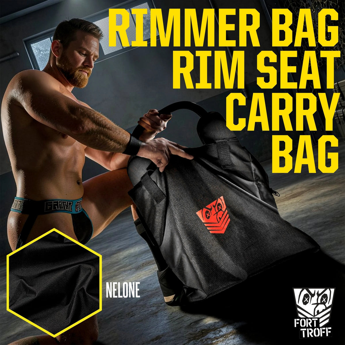 Model in a jockstrap packing a rim seat into the Rimmer Bag, rim seat carry bag title graphic, Fort Troff gay gear at Boyzshop