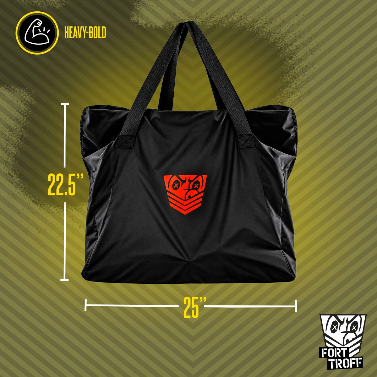 Rimmer Bag size graphic marking 22.5 inches tall by 25 inches wide, Fort Troff gay gear at Boyzshop