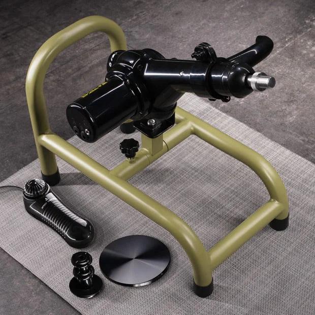 Grunt sex machine on its olive steel frame with speed controller plus 2 dong mounts, Fort Troff gay gear at Boyzshop