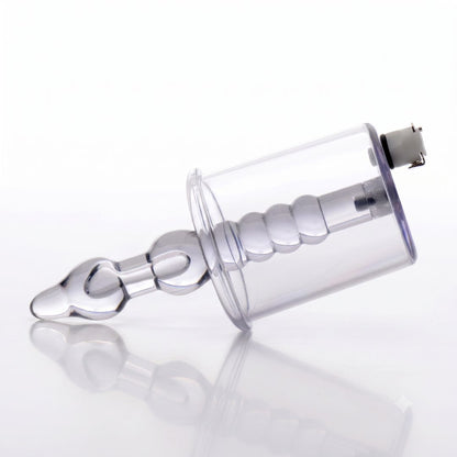 Clear anal pump cylinder featuring a textured internal stimulator shaft, contoured insertable tip, and rear vacuum connection displayed on a white background.