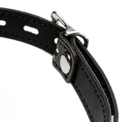 close-up of silver buckle hardware on adjustable black strap for silicone comfort ball gag