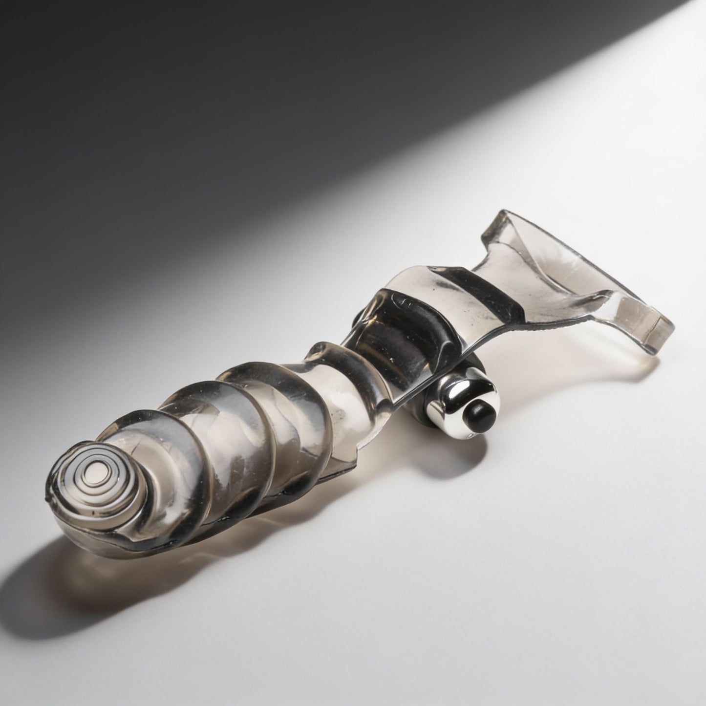 Smoke-colored vibrating finger glove with textured ridges, curved insertable tip, and attached bullet vibrator displayed at an angled view on a light surface.