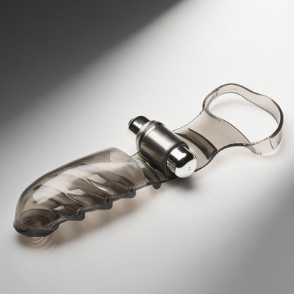 Full view of a smoke-colored vibrating finger glove with integrated finger sleeve, textured shaft, and detachable bullet vibrator for targeted internal stimulation.