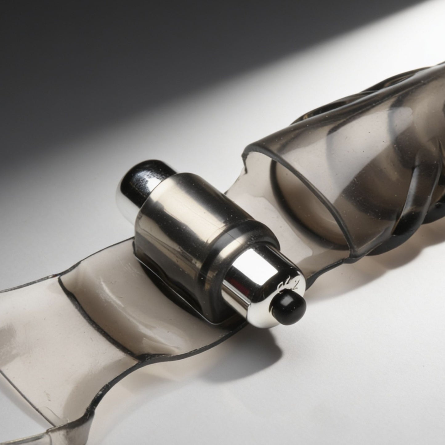 Close-up of the removable silver bullet vibrator mounted to the side of a translucent vibrating finger glove, highlighting the compact stimulation design.