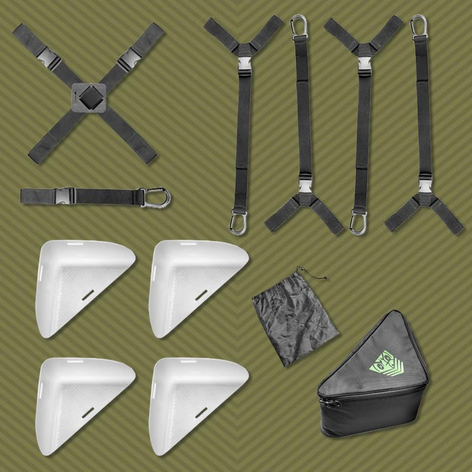 Bed bondage straps laid out with clips, corner guards plus a storage bag, Fort Troff gay gear at Boyzshop