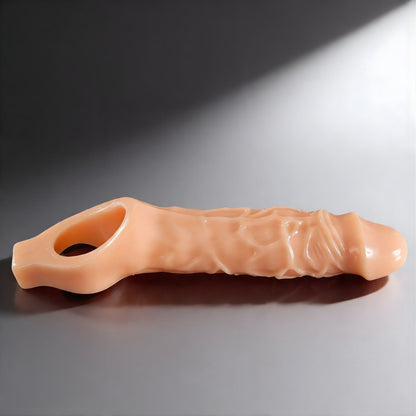 flexible skin tone cock sheath with raised texture for added grip and stimulation
