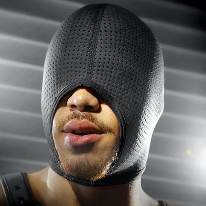 Black Ops perforated neoprene bondage hood, front view, Fort Troff