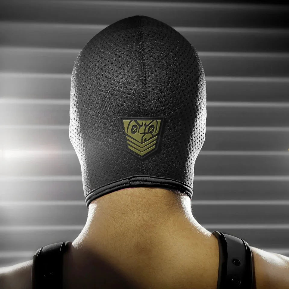 Black Ops perforated bondage hood side view with the closure detail, Fort Troff
