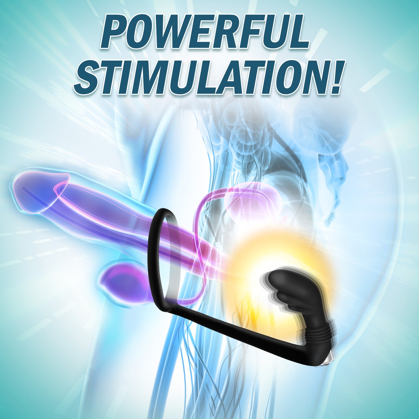 black silicone prostate massager with vibrating cock ring close up showing flexible ring and curved stimulator