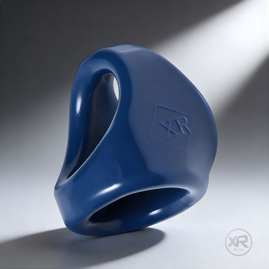 blue dual cock and ball ring for gay men designed to secure both shaft and balls for a tighter more controlled erection