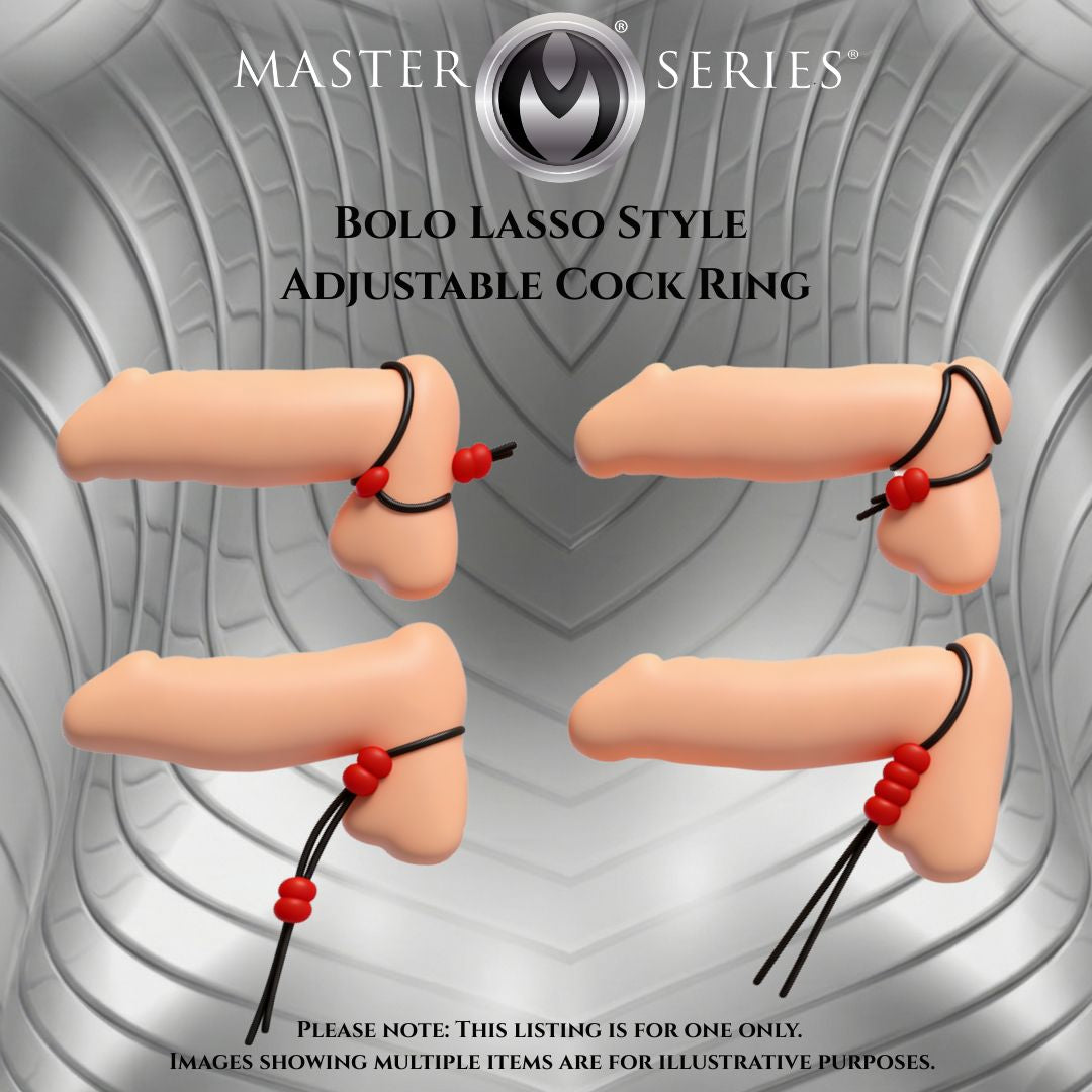 illustration showing adjustable bolo lasso style cock ring positions and tightening options with red slider beads