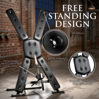 Freestanding bondage cross with hand and foot restraints for shackled gay scenes