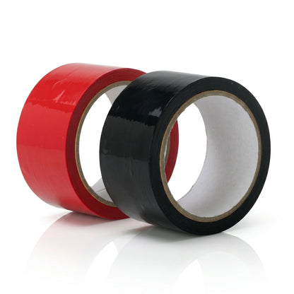 Black and red rolls of bondage tape displayed together, highlighting the glossy self-adhering material designed for restraint play, costume use, and creative body wrapping.