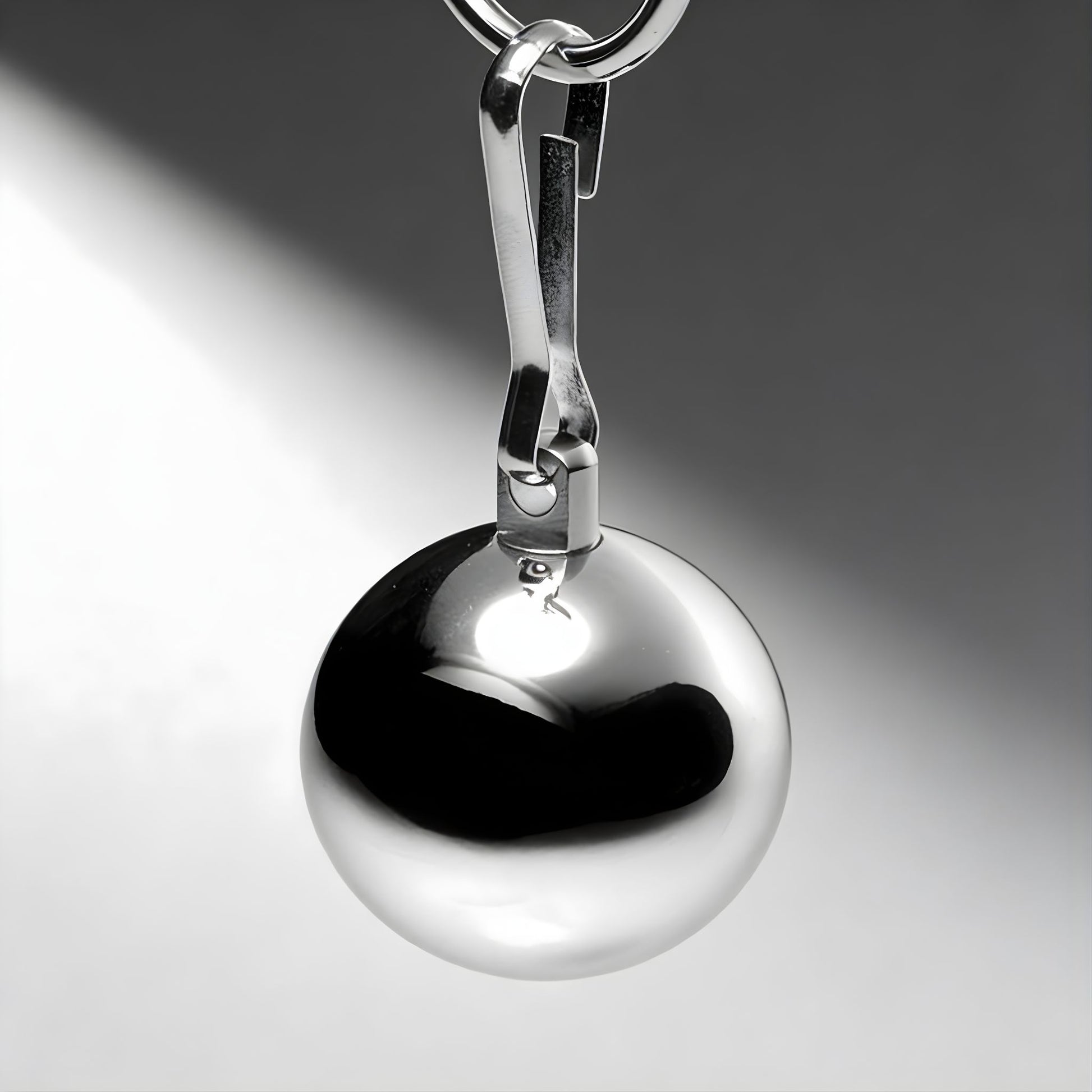 close up of polished chrome ball weight with clip attachment highlighting smooth reflective surface and solid metal build