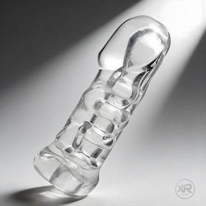 clear girth enhancing penis sleeve and stroker with raised texture for stimulation