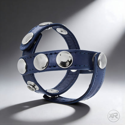 studded cobalt blue leather cock and ball harness for gay men featuring adjustable straps for a secure supportive fit