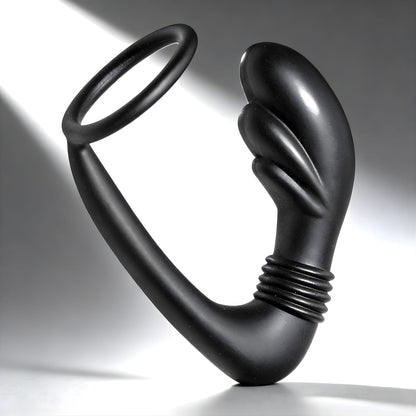 black silicone prostate massager with cock ring featuring curved shaft and flexible ring on clean background