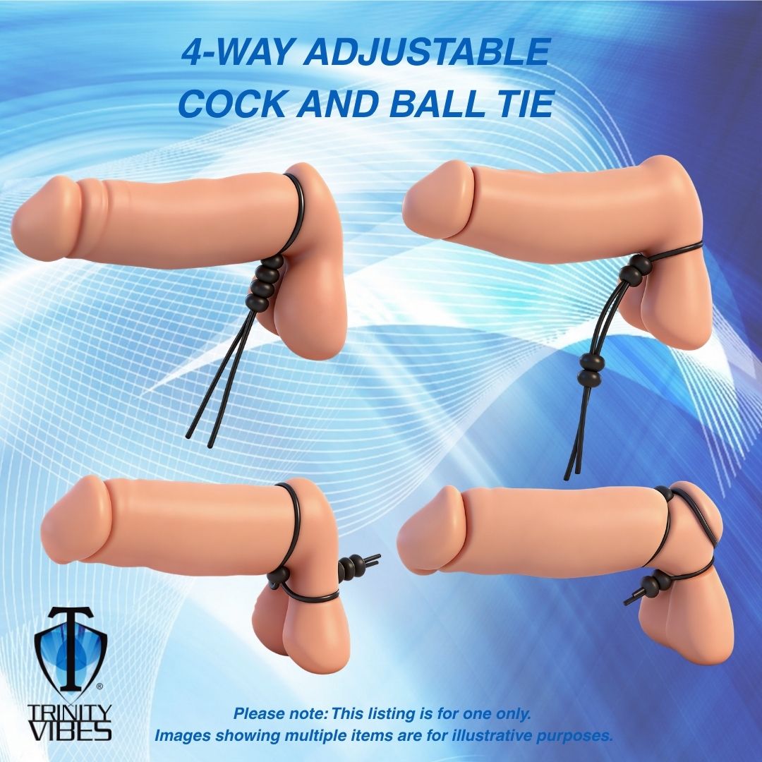adjustable cock and ball tie showing multiple ways to wear for different levels of fit tension and positioning for gay men
