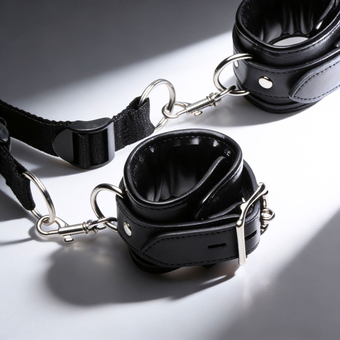 close-up of padded black restraint cuff with silver clip hardware and adjustable nylon strap connection