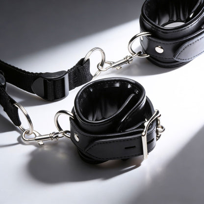 close-up of padded black restraint cuff with silver clip hardware and adjustable nylon strap connection
