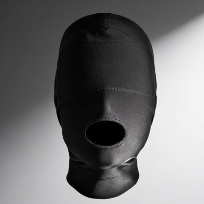 front view of black open mouth hood featuring a padded blindfold panel that completely blocks vision while leaving the mouth exposed