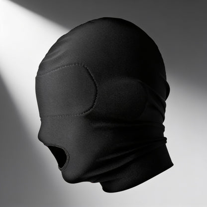 black stretch hood with open mouth design and integrated padded blindfold shown in side profile with full head coverage