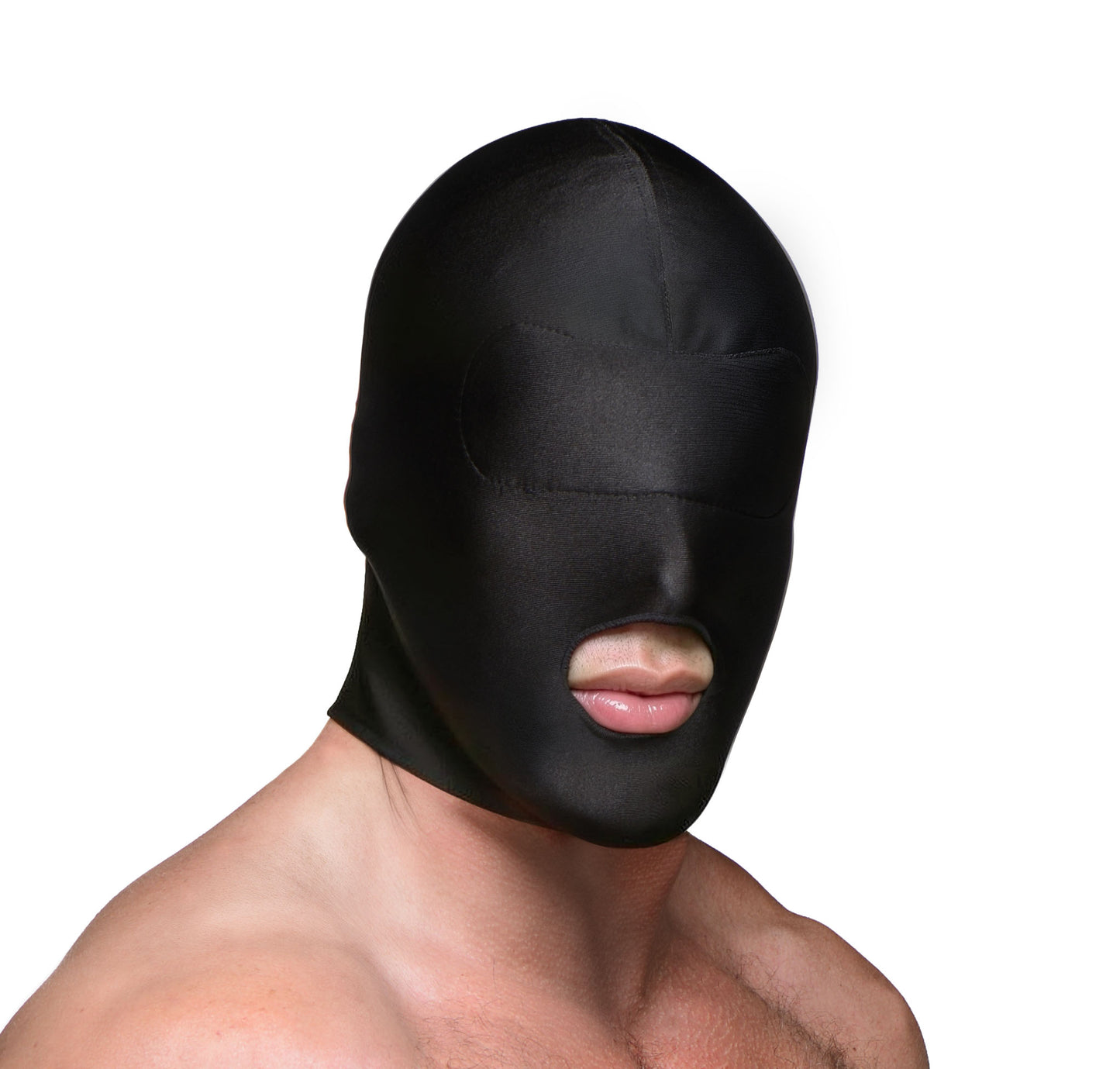 model wearing a black open mouth hood with padded blindfold covering the eyes and full head coverage for sensory deprivation and roleplay scenes