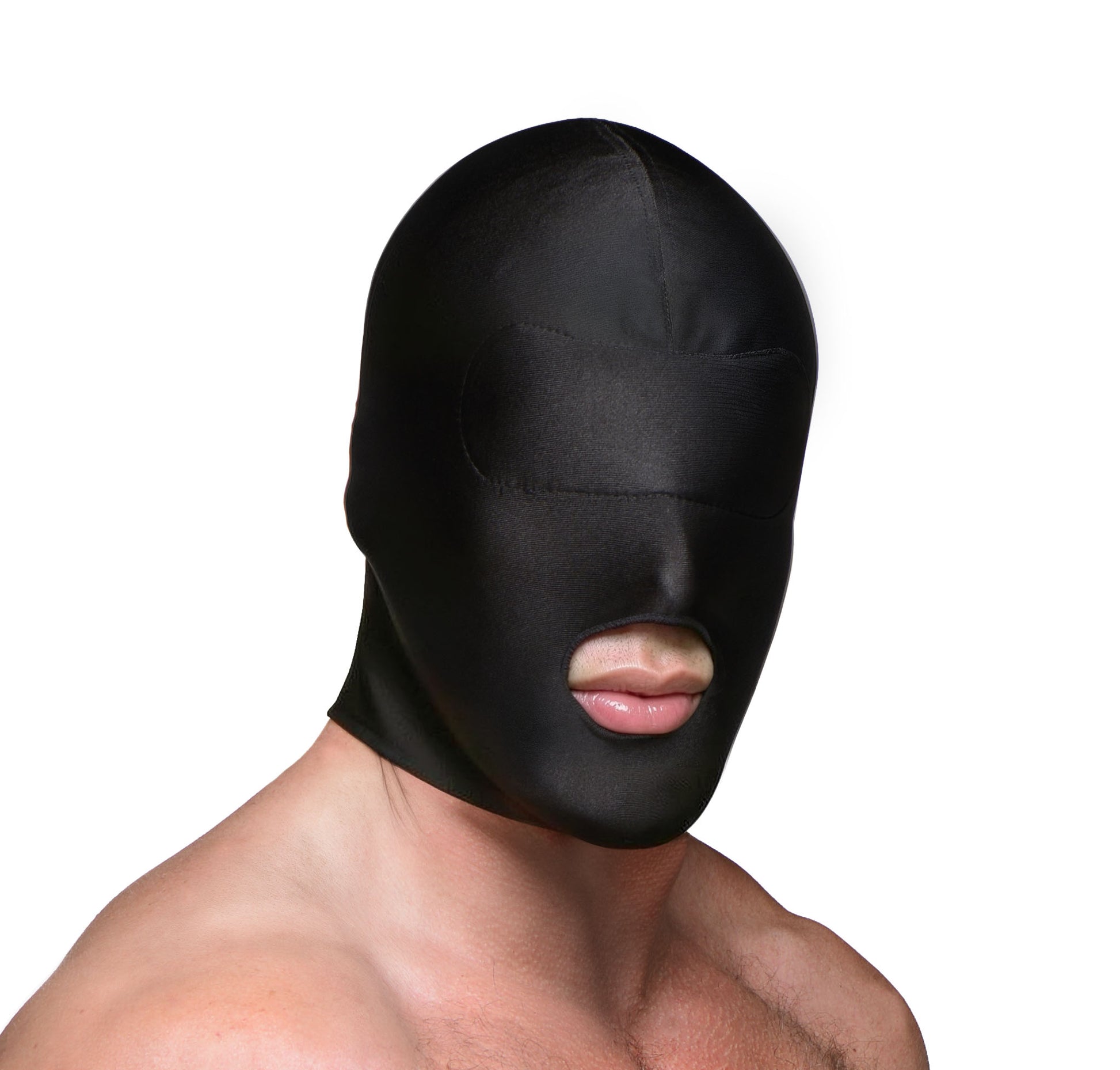 model wearing a black open mouth hood with padded blindfold covering the eyes and full head coverage for sensory deprivation and roleplay scenes
