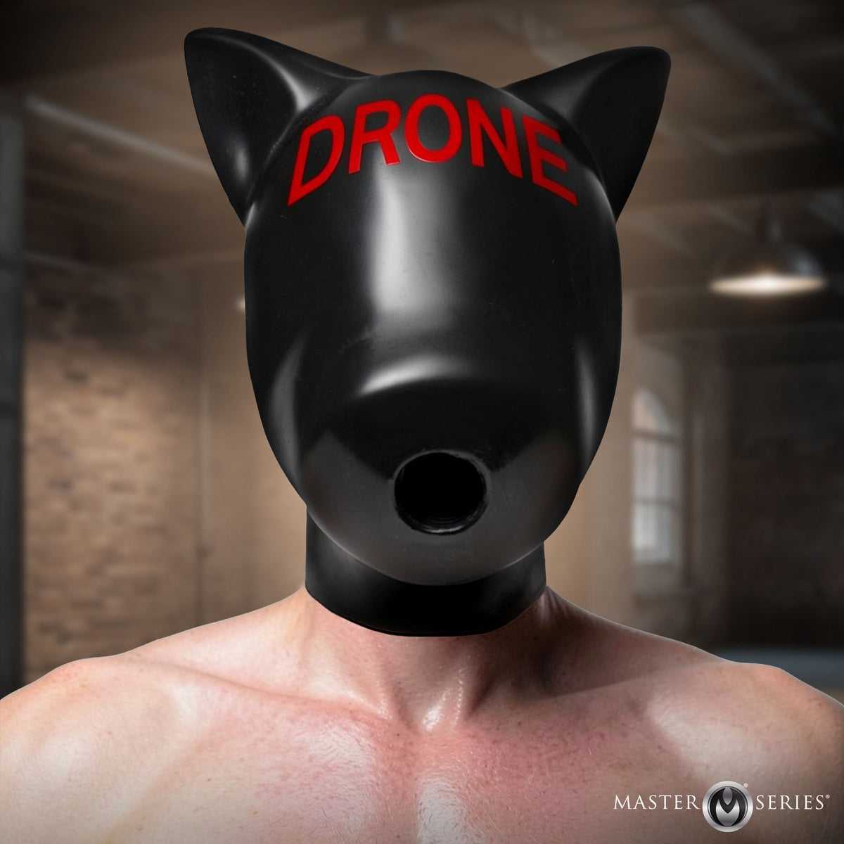 Master Series Drone silicone pup hood in black with red DRONE lettering