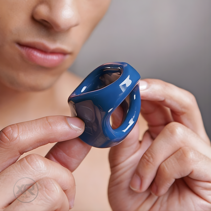 erection enhancing dual cock and ball ring for gay men shown in hand highlighting snug fit and solid supportive design