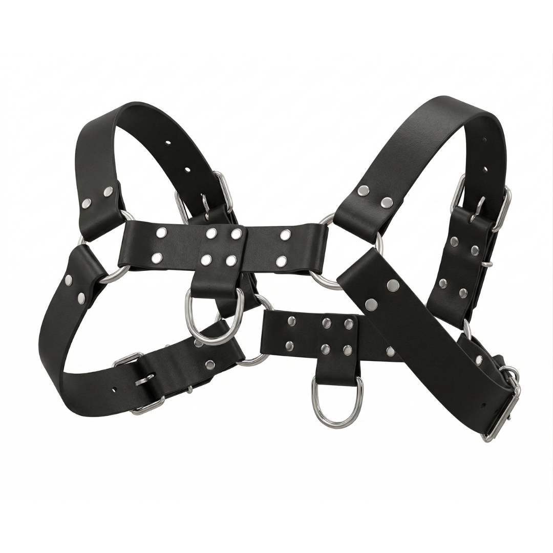 black faux leather bulldog-style chest harness with silver O-rings, rivets, and adjustable buckle straps
