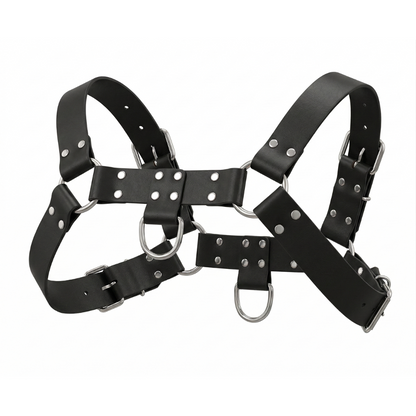 black faux leather bulldog-style chest harness with silver O-rings, rivets, and adjustable buckle straps