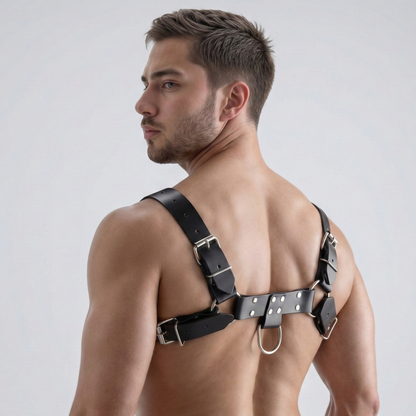 rear view of male model wearing black faux leather English bulldog harness with adjustable buckle straps and back O-ring detail
