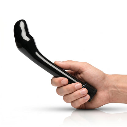 hand holding a black curved prostate vibrator with a smooth glossy finish and ergonomic shape designed for targeted internal stimulation