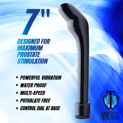 infographic featuring a black curved prostate vibrator with a seven inch length, highlighting powerful vibration, waterproof construction, multi-speed settings, phthalate-free material, and a control dial at the base