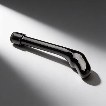 black curved prostate vibrator with a bulbous angled tip and control dial base displayed on a light background, highlighting its streamlined design