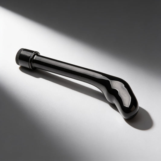 black curved prostate vibrator with a bulbous angled tip and control dial base displayed on a light background, highlighting its streamlined design