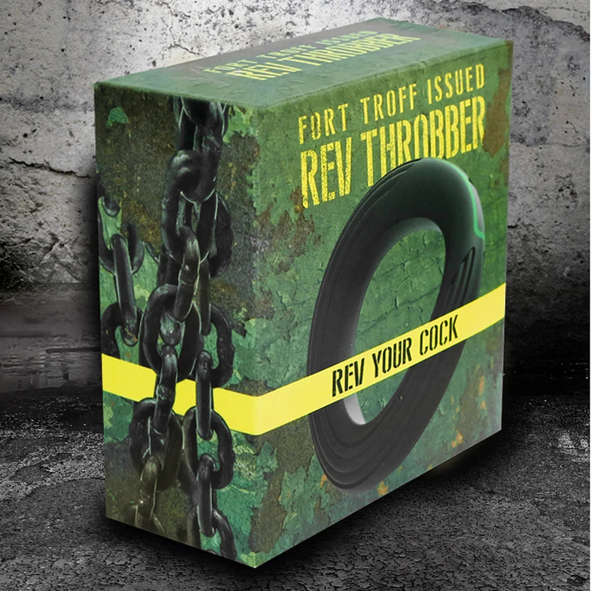 Rev Cock Throbber in Fort Troff Issued camo retail box, rev your cock, angled view