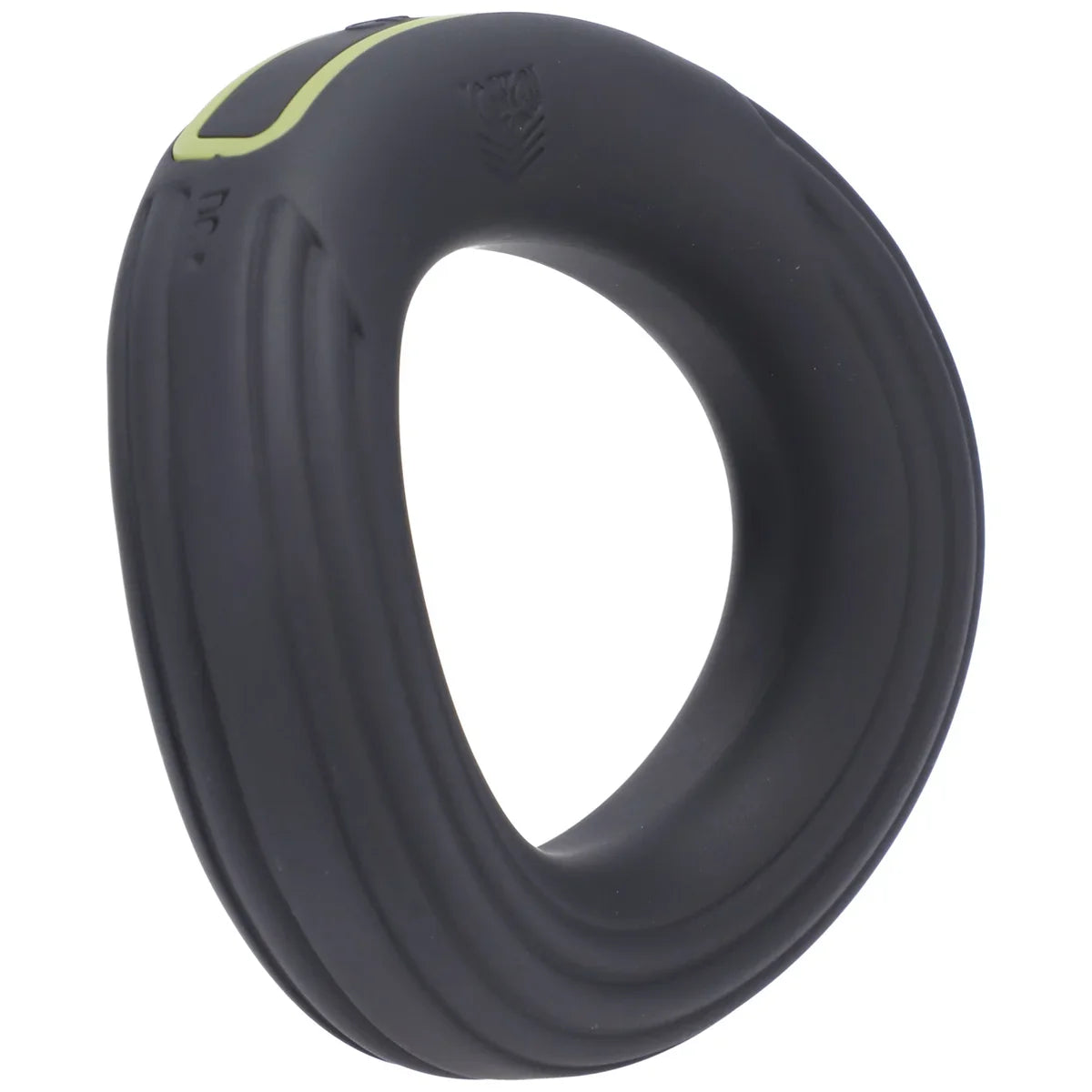 Rev Cock Throbber vibrating cock ring angled view showing the motor pod and olive power button, Fort Troff