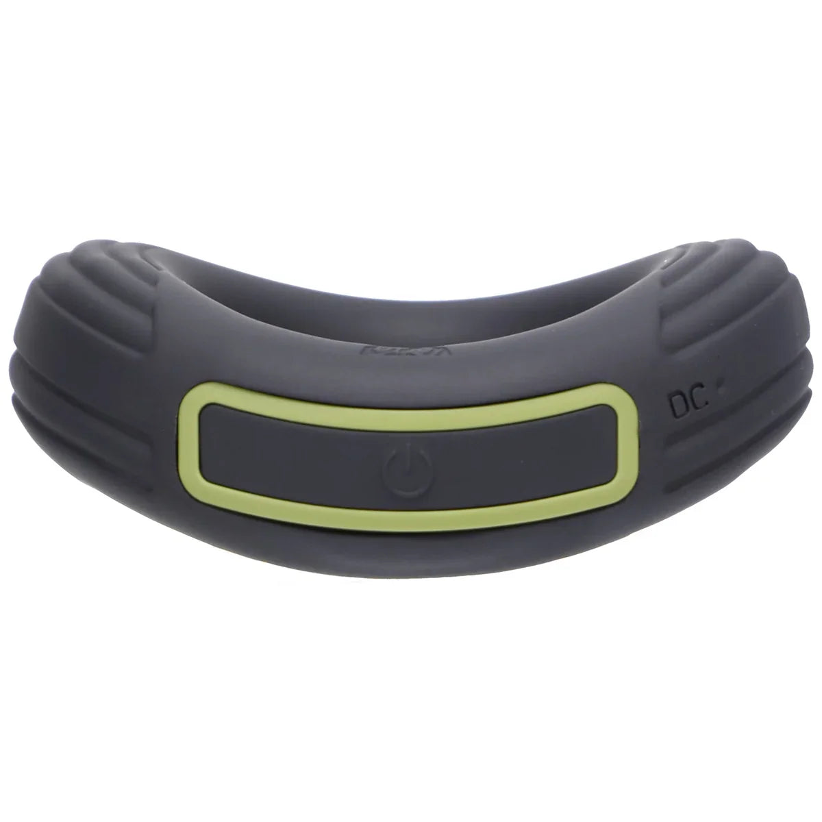 Rev Cock Throbber vibrating cock ring lying flat, close-up of the olive-trimmed power button, Fort Troff