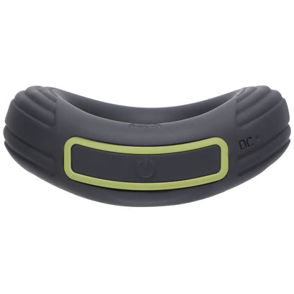 Rev Cock Throbber vibrating cock ring lying flat, close-up of the olive-trimmed power button, Fort Troff