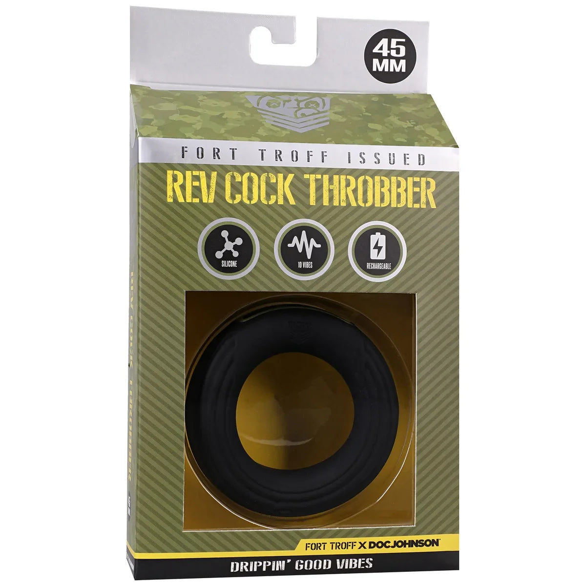 Rev Cock Throbber Regular 45 mm in Fort Troff x Doc Johnson retail box, front view