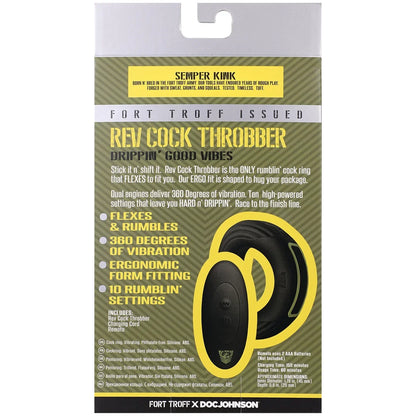 Rev Cock Throbber Regular retail box back with flexes and rumbles, 360 degree vibration, 10 settings, Fort Troff x Doc Johnson