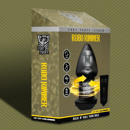 Robo Rimmer in Fort Troff x Doc Johnson camo retail box, rock n roll your hole, angled view