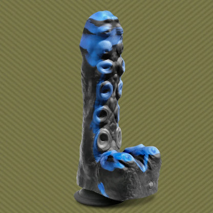 Tendril Thruster Blue mini fuck machine hero shot, blue and black marbled tentacle dildo, Fort Troff