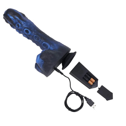 Tendril Thruster Blue with wireless remote and USB charging cable laid out, Fort Troff