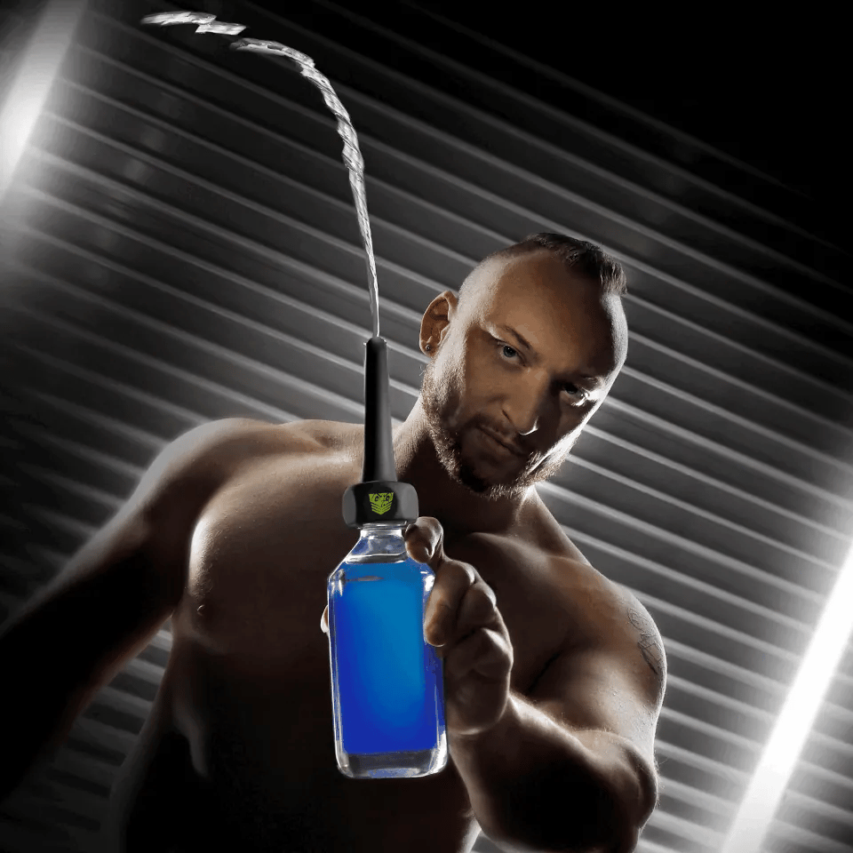 WTR-works squeeze bottle douche nozzle spraying a stream, animated, Fort Troff gay gear at Boyzshop