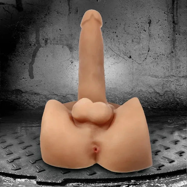 Front view of the 2 Way Grunt showing the realistic cock, balls, tight hole, double-ended dildo, Fort Troff gay gear at Boyzshop