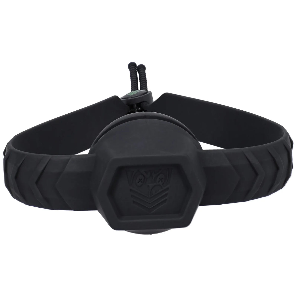Max Comfort ball gag front view, hex face on the ball with a cord lock strap, Fort Troff gay gear at Boyzshop