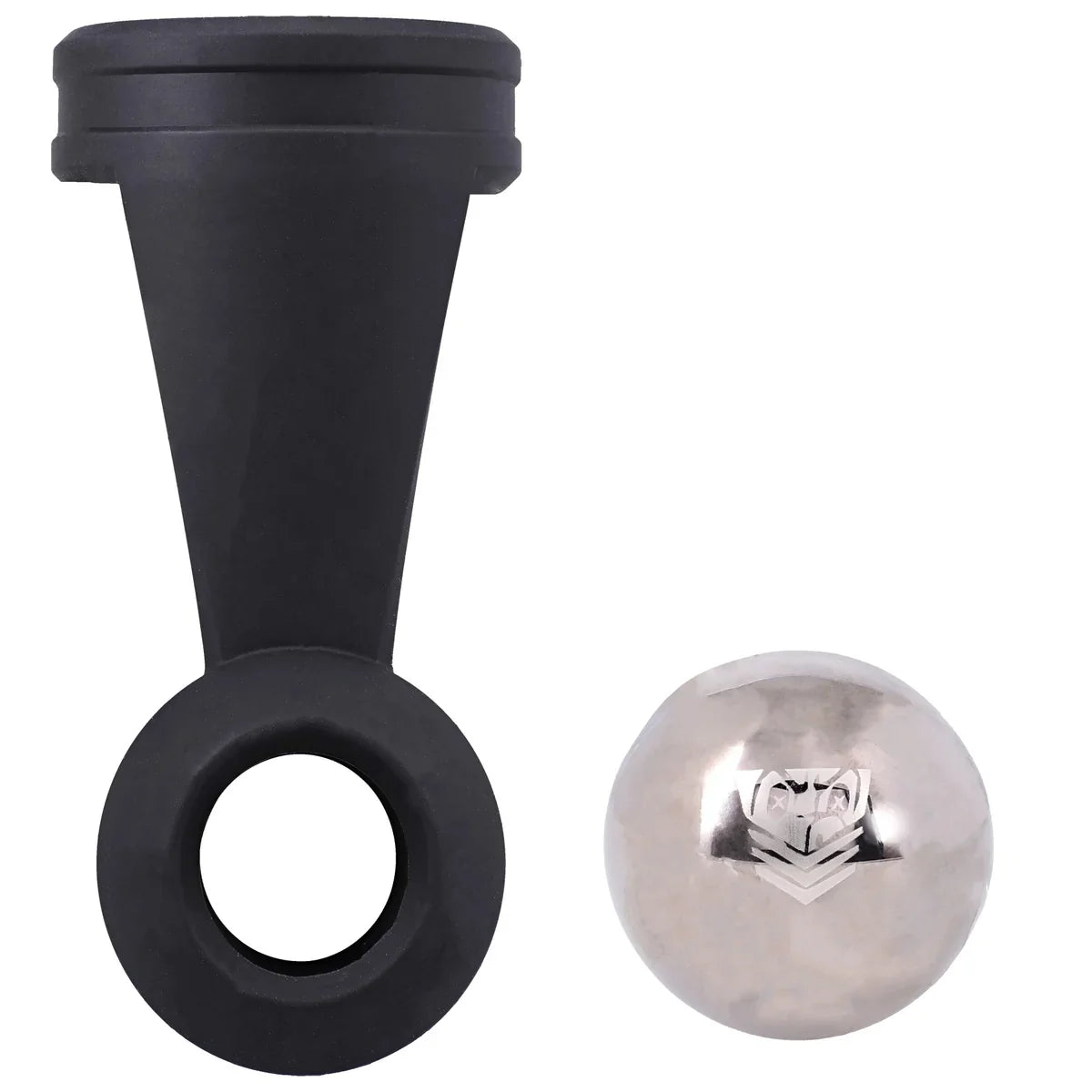 Swing N Hang silicone stretcher beside its removable steel ball weight, Fort Troff gay gear at Boyzshop